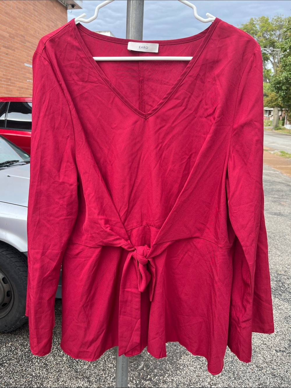 Women's Tie-Front V-Neck Blouse in Berry Red